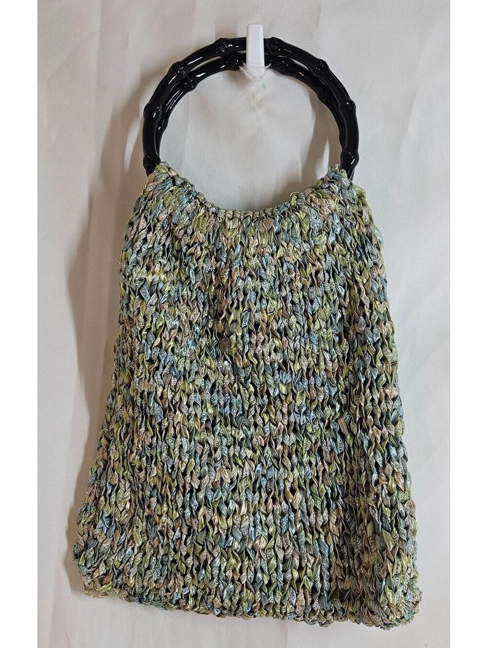 Handwoven Multicolor Knit Tote Bag with Black Bamboo Handles